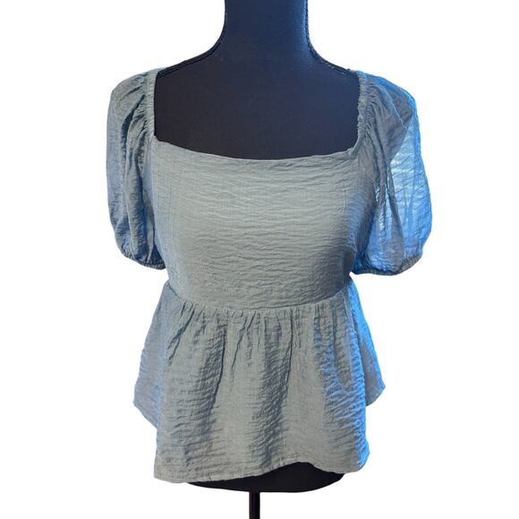 Melrose and Market Puff Sleeve Babydoll Top In Blue Provincial Size M Open Back - Picture 3 of 8